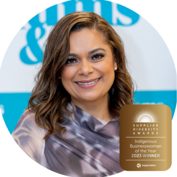 Woman smiling with award badge, portrait against branded background
